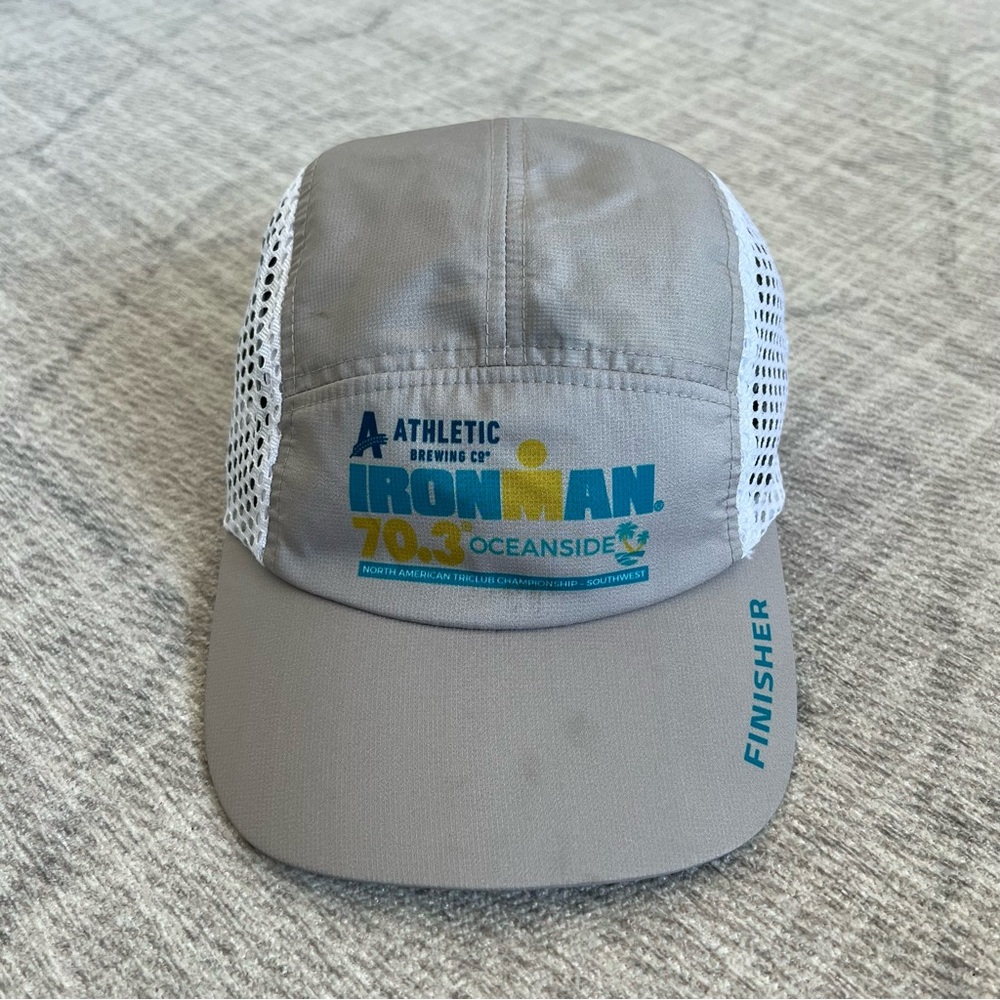Ironman Finisher Grey/White Athletic Workout Running Adjustable 5 Panel Mesh Hat